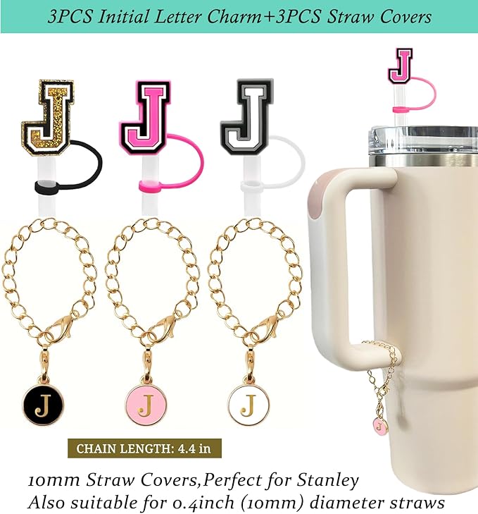 (3 +3) 3PCS Nuozme Straw Cover 10mm For Stanley Tumbler Cup Reusable Straw Cap Topper with 3 Initial Letter Charms Accessories Name ID Personalized Handle Charm For Stanley 30&40 Oz Cup Tumbler