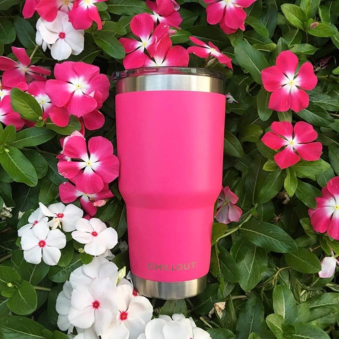 Stainless Steel Travel Mug with Handle 30 oz - 6 Piece Set. Tumbler with Handle, Straw, Cleaning Brush & 2 Lids. Double Wall Insulated Large Coffee Mug Bundle - Hot Pink Powder Coat Tumbler