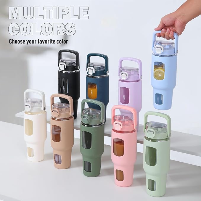 BLUEGO 40oz Glass Tumbler with Lid and Straw, Glass Water Bottles with Handle - Image 7