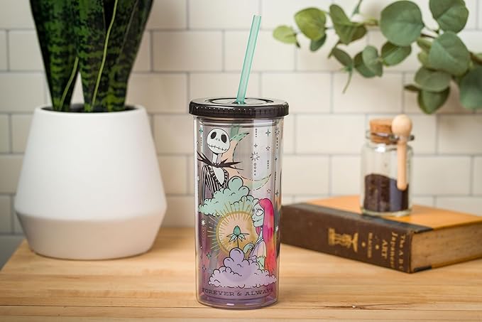 Silver Buffalo Disney Nightmare Before Christmas “Forever and Always” Featuring Jack Skellington and Sally Plastic Tall Cold Cup with Lid and Straw, 20 Ounces