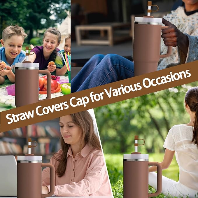 6PCS Silicone Straw Covers Cap Compatible with Stanley Cup 30-40 oz Tumbler with Handle 10mm Straw Toppers Reusable Cover for Stanley Cup Accessories(Brown)