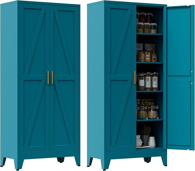 71" Tall Metal Pantry Cabinet, Kitchen Storage Cabinet with 2 Doors and 4 Adjustable Shelves for Kitchen, Living Room, Dining Room, Bathroom and Home, Office (Blue, 71" H)