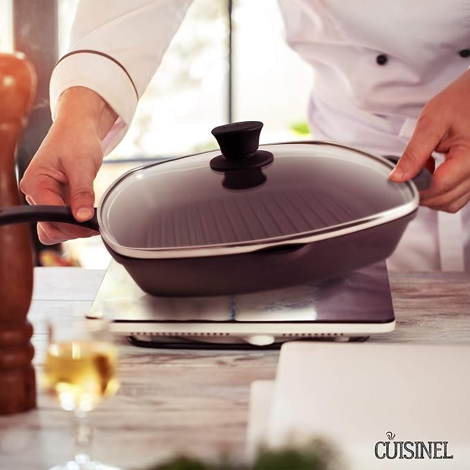 Cuisinel Cast Iron Grill Pan + Glass Lid + Silicone Handle Cover + Pan Scraper - 10.5"-inch Pre-Seasoned Square Skillet - Stovetop, Induction Safe - Indoor/Outdoor Use - for Grilling, Frying, Sautéing