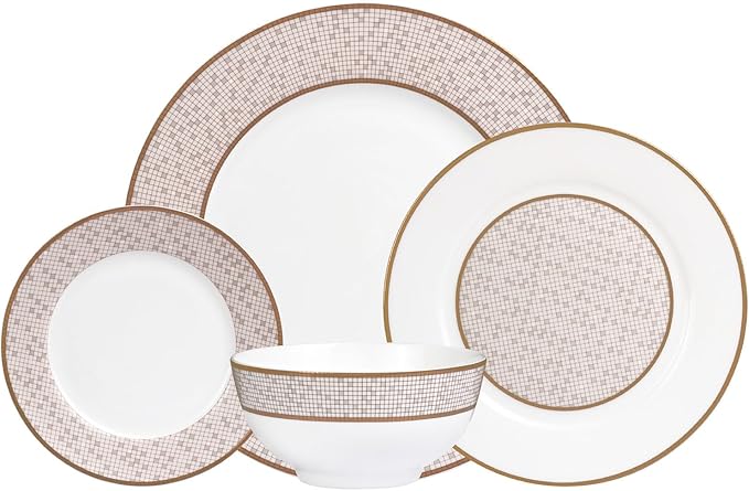 Godinger Dinnerware Set, Dinner Plate, Salad/Dessert Plate, Pasta Bowl and Soup Bowl, 16 Piece Set, Bone China