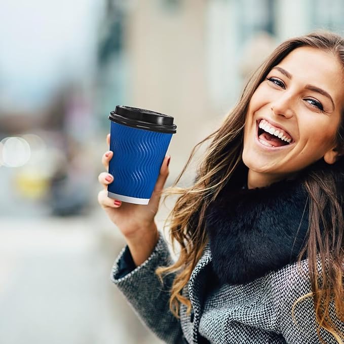 500 Pack Coffee Cups with Lids 16oz, Disposable Insulated Ripple Wall To Go Paper Coffee Cups for Hot/Cold Drinks Office Home Shop Event (Navy)