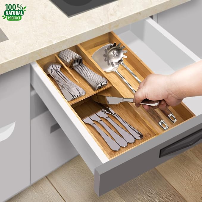 Bamboo silverware tray organizer, Utensil Holder and Cutlery Tray for Drawer, Kitchen Drawer Organizer Divider for Spoons Forks Knives