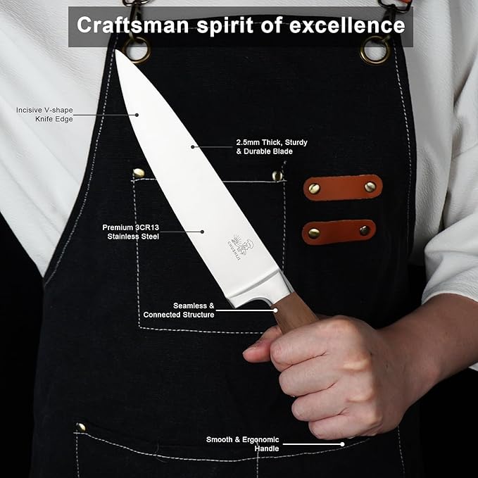 Knife Block Set(Walnut handle), 7-Piece Black Kitchen Knife Set for Home, Anti-Rust Non-stick Stainless Steel Sharp Chef Knife Set with Universal Knife Block for Kitchen, Ergonomical Design (Black)