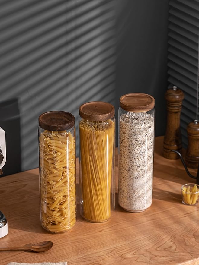 Kanwone Airtight Food Storage Containers Set of 3, 54 Ounce Glass Storage Containers with Bamboo lids, Clear Glass Canisters for Pantry, kitchen, Flour, Sugar, Tea, Coffee, Cookies, Spice and Herbs