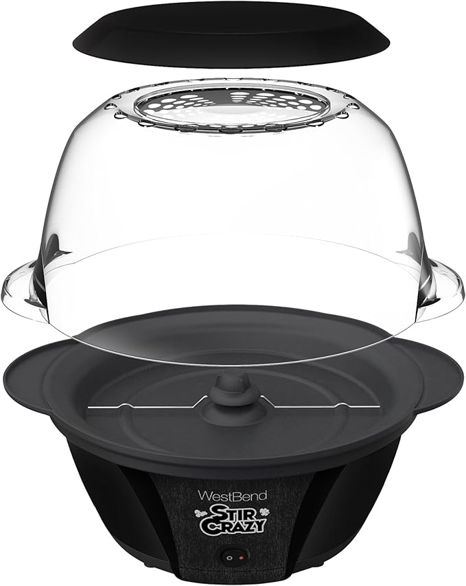 West Bend Stir Crazy Hot Oil Popcorn Popper, Popcorn Maker Machine with Large Serving Bowl Lid and Stirring Rod Perfect for Movie Night Snack Time or Parties, 6-Quart, Black