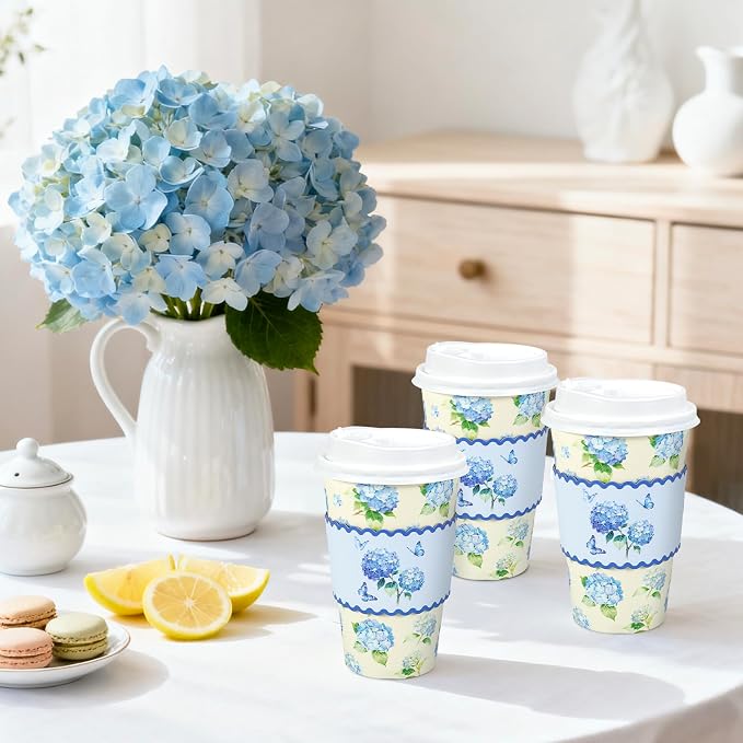 Whaline 50 Pcs 16 Oz Hydrangea Flower Paper Coffee Cups - Image 7