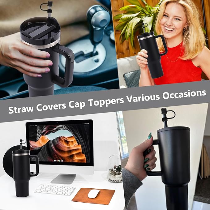 12PCS Silicone Straw Covers Cap Compatible with Stanley Cup 30-40 oz Tumbler with Handle 10mm Straw Toppers,Dust-Proof Reusable Straw Cover for Stanley Cup Accessories (Black)