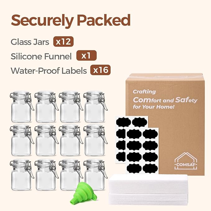 ComSaf 4 oz Glass Jars with Lid, Set of 12 Mini Airtight Glass Jars, Spice Jars, Small Mason Jar, Canning Jar Square with Seal Wire Clip Fastening, Labels & Funnels for Jam, Honey, Kitchen, Wedding