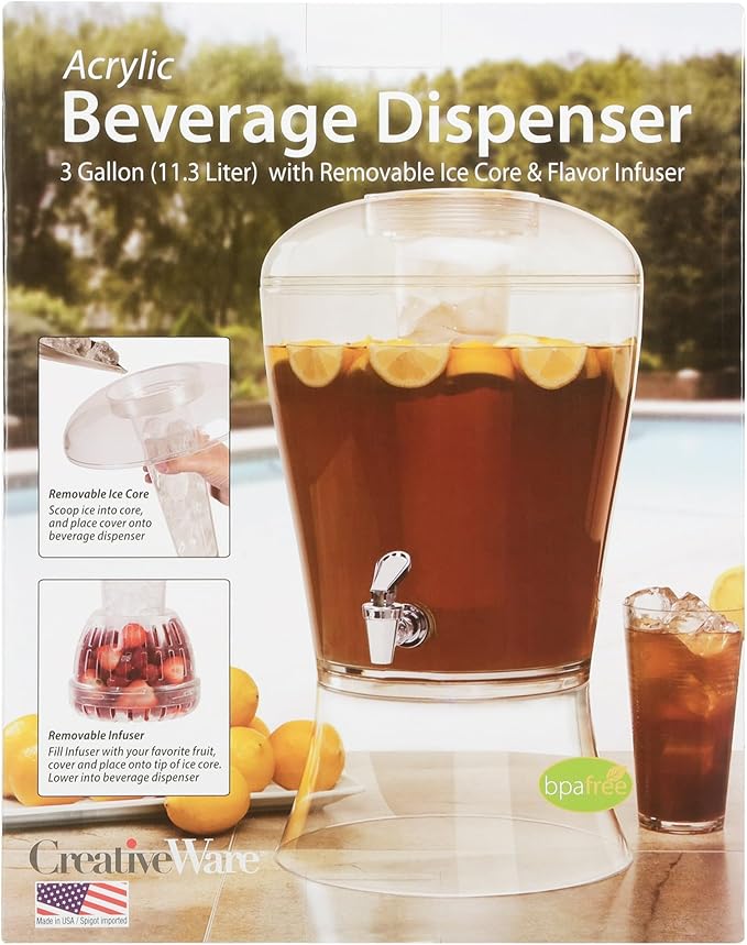 CreativeWare 3 Gallon Beverage Dispenser With Ice Cylinder And Fruit Infuser