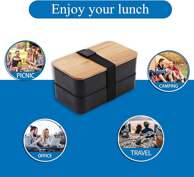 Japanese Bamboo Bento Box with Compartments and Utensils Stackable Lunch Box Includes Lunch Bag for Meal Prep Black