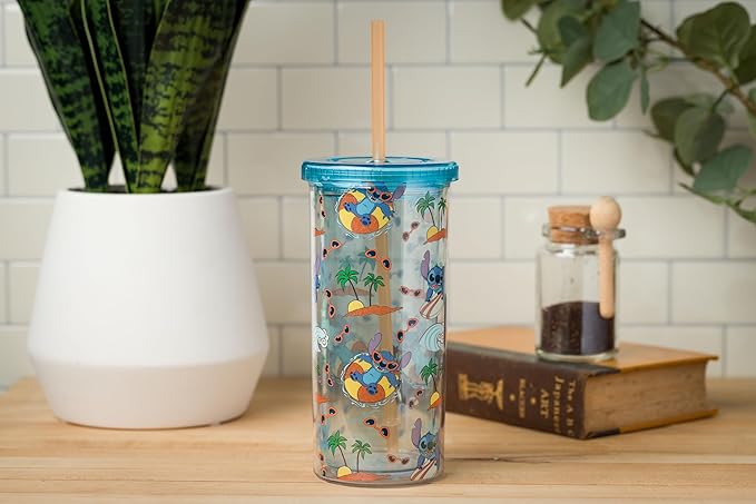 Silver Buffalo Disney Lilo and Stitch Beach Island Stitch in Floatie Swim Ring Plastic Glitter Cold Cup with Lid and Straw, 20 Ounces (Pack of 12)