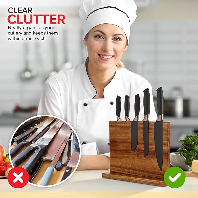 Modern Innovations Magnetic Knife Block, Double-Sided Magnet Knife Holder Stand, With Strong Enhanced Magnets, Kitchen Counter Organization Storage Rack, Wood Stand, Utensil Holders