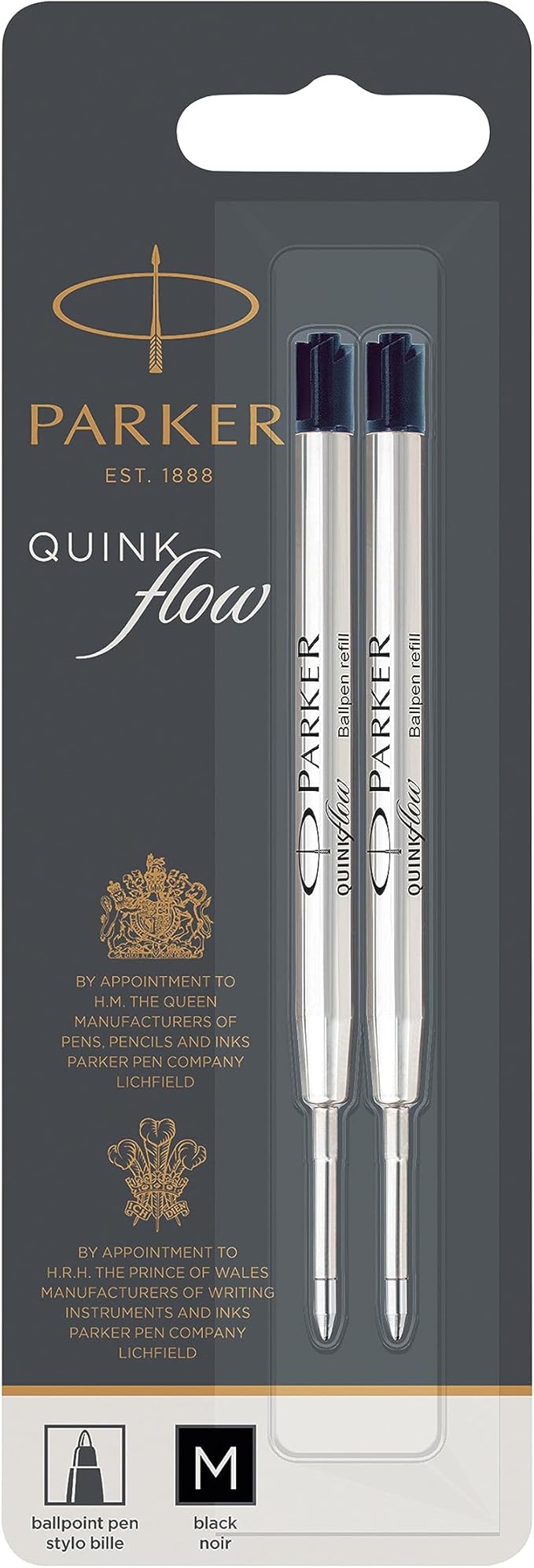 Parker QUINKflow Ballpoint Pen Ink Refill, Medium Tip, Black, 2 Pack