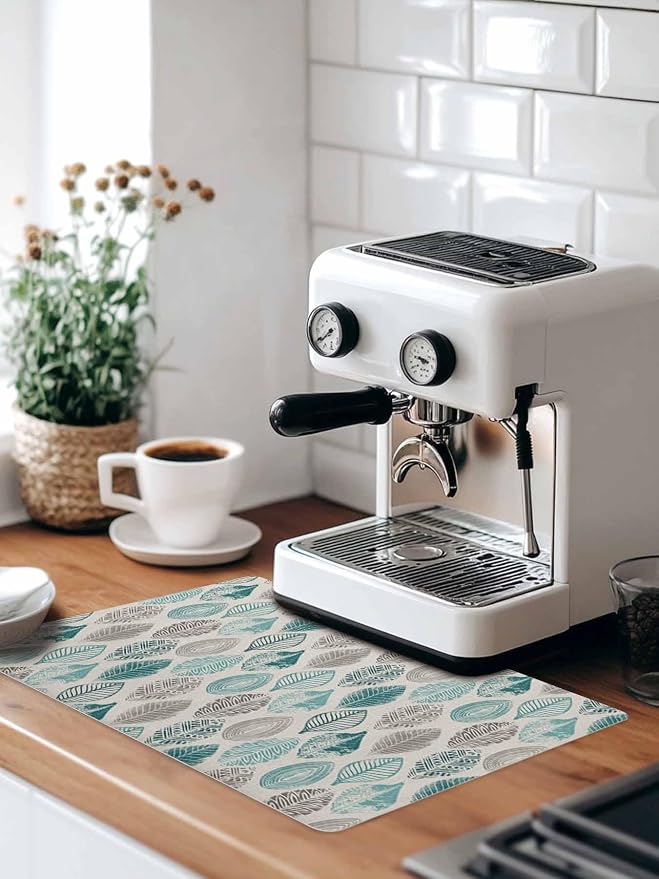 Leaves Specimens Coffee Mat Teal Green Grey Burlap Background Absorbent Bar Mat - Image 9