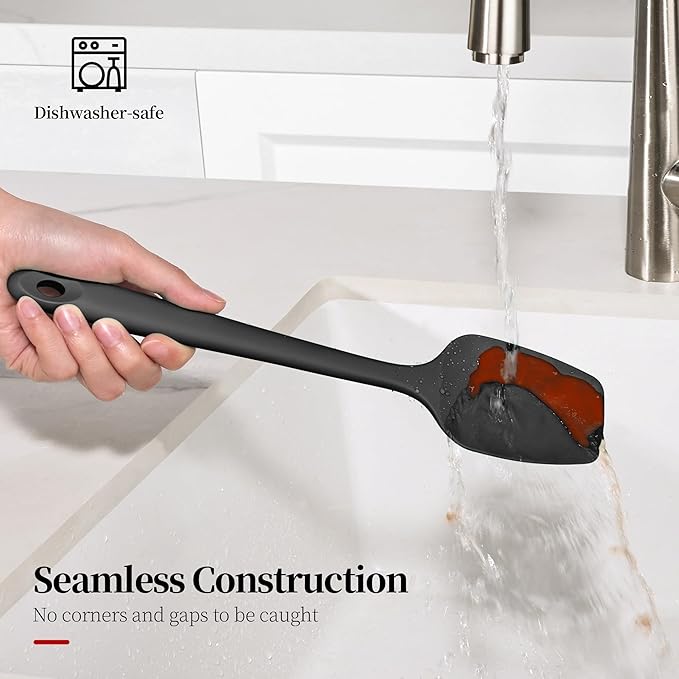 600ºF Heat Resistant Spatula, 11.34 inch High Heat Food Safe Semless Kitchen Silicone Spoon Spoonula Scraper for Cooking Baking Mixing Scraping Stirring Nonstick Cookware Pan Bowl (Black)