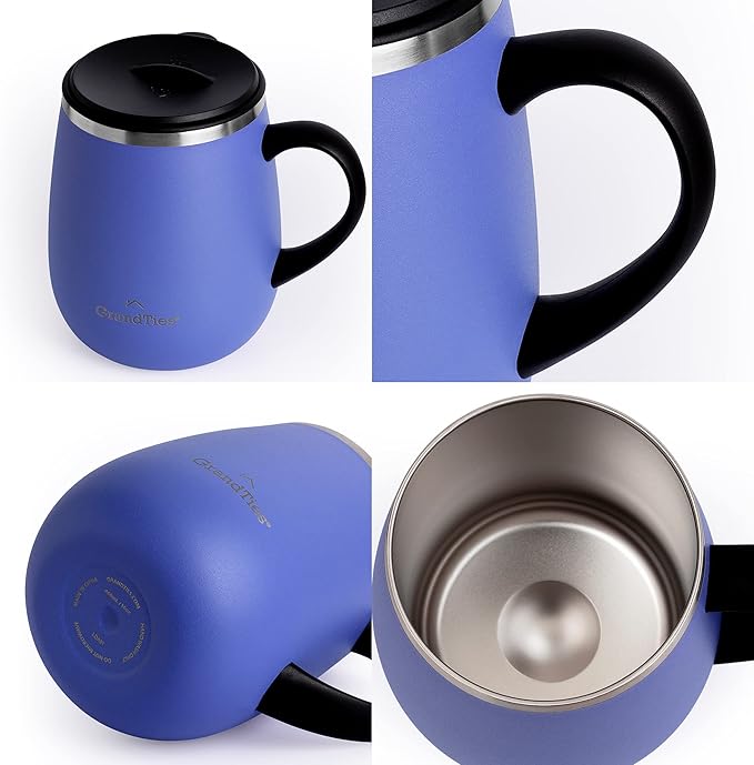 GRANDTIES Insulated Coffee Mug with Handle - Sliding Lid for Splash-Proof 16oz Wine-Glass Shape Thermal Tumbler with Double Walled Vacuum Stainless Steel to Keeps Beverages Hot or Cold-Periwinkle