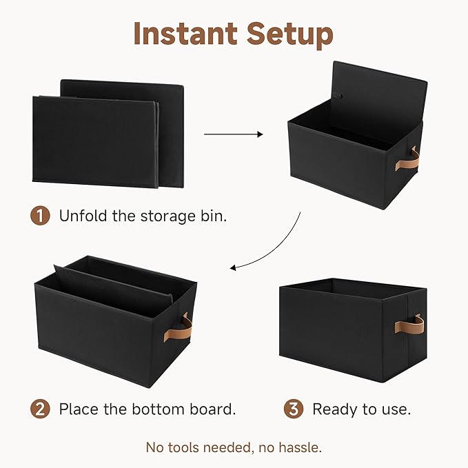 SroageWorks Storage Baskets for Shelves, Foldable Fabric Closet Storage Bins with Handles, Clothes Organizer Laundry Baskets, Black, 3-Pack, Large