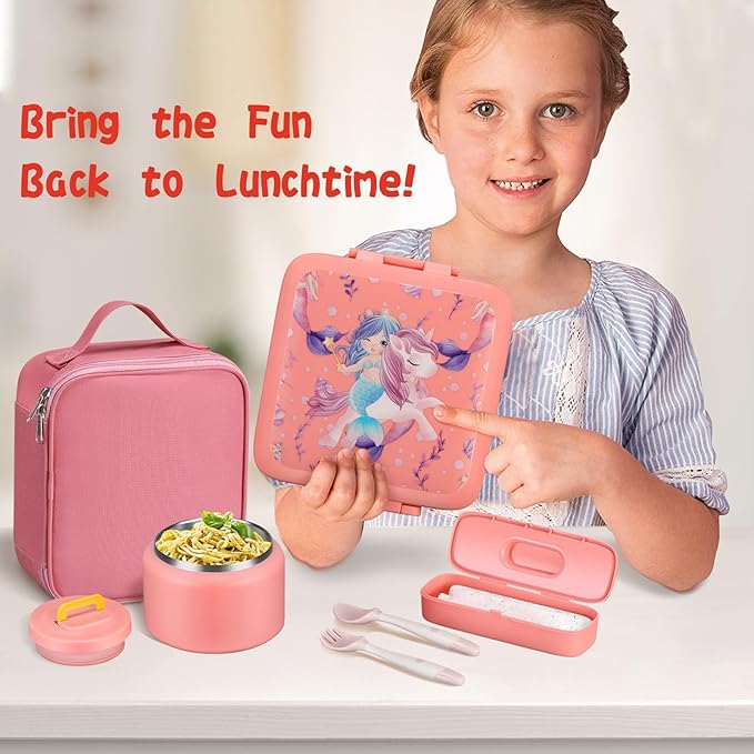 Bento Lunch Box for Kids With 8oz Soup Thermo,Leak-proof Lunch Containers with 5 Compartment,Thermo Food Jar and Lunch Bag, Food Containers for School (A-Pink(Unicorn - Mermaid))