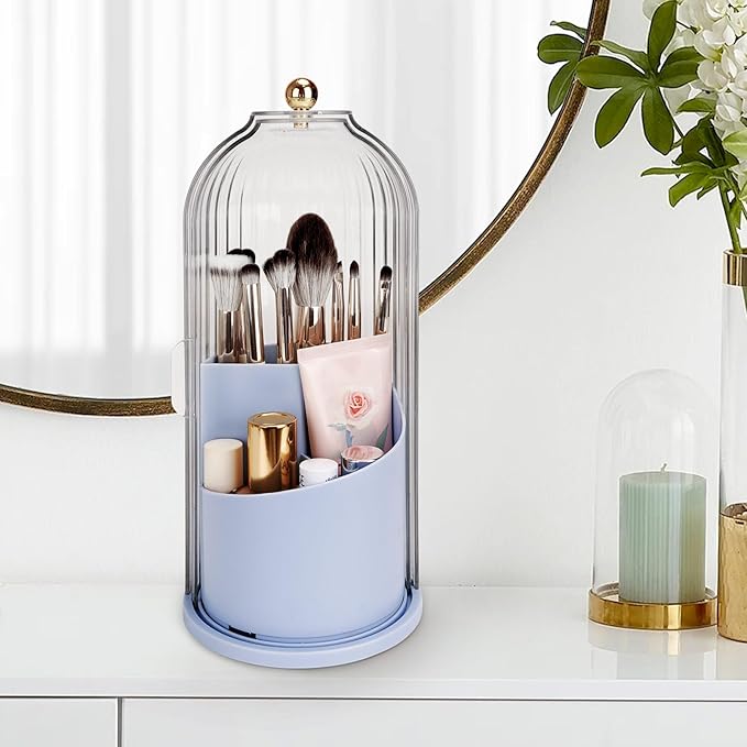 Toothbrush Holders with Sliding Lid, Rotating 3 Slots Bathroom Organizer Countertop, Tooth Brush Toothpaste Holder Bathroom Counter Stand Sink Organizer Caddy for Makeup Brushes Holder (Blue)