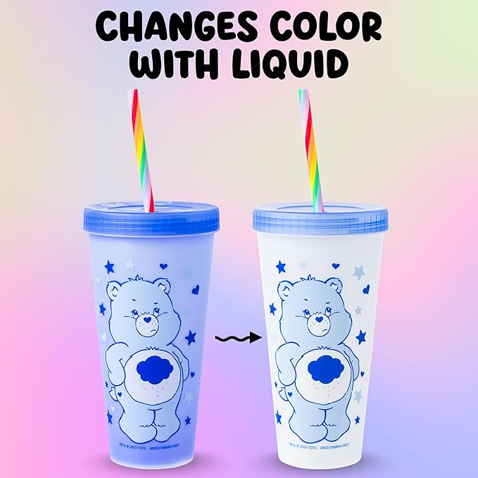 Silver Buffalo Care Bears Hearts and Stars 4 Pack Plastic Color Changing Tumblers with Rainbow Swirl Straws Featuring Tenderheart, Funshine, Cheer, and Grumpy Bear 24 Ounces