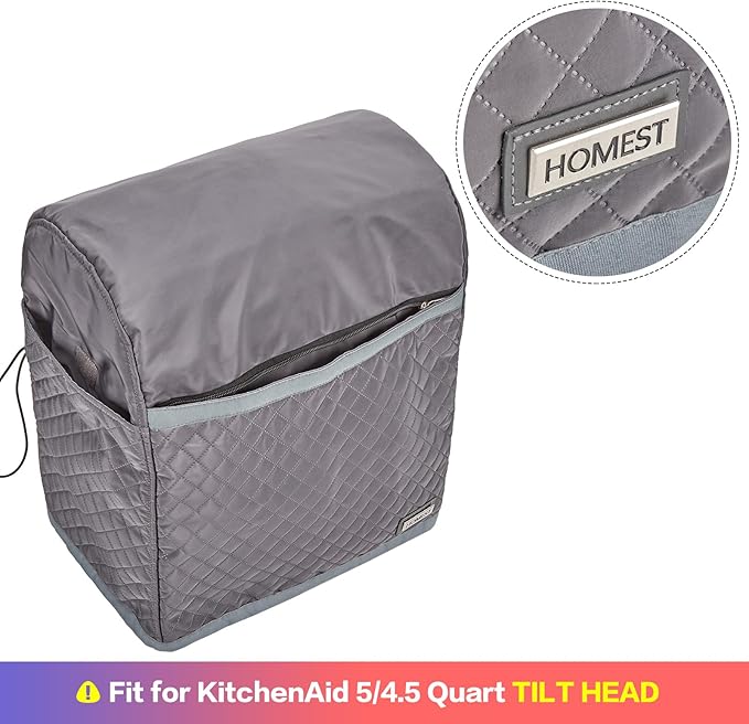 HOMEST Stand Mixer Quilted Dust Cover with Pockets Compatible with KitchenAid 5/4.5 Quart Tilt Head, Grey (Patent Design)