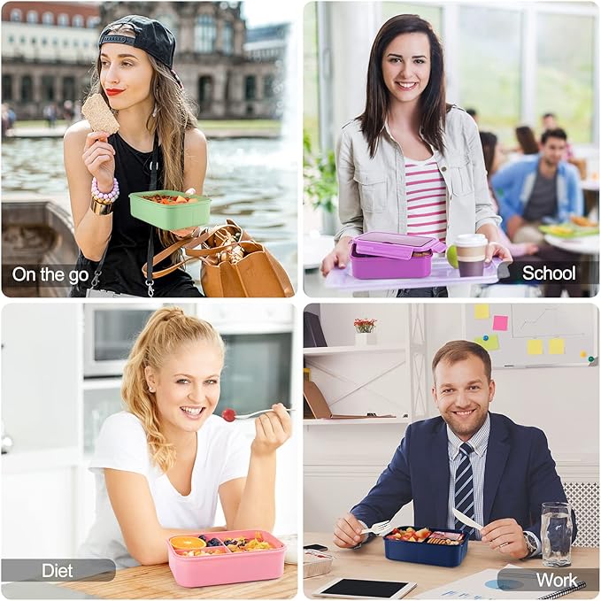 Caperci Classic Bento Box Adult Lunch Box for Older Kids - Leakpoof 47 oz 3-Compartment Containers for Adults and Teens, Built-in Utensil Set, Ideal for On-the-Go Balanced Eating, Navy Blue