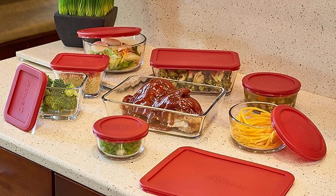Pyrex (6) 7210 3-Cup Glass Food Storage Dishes & (6) 7210-PC Red Plastic Food Storage Lids