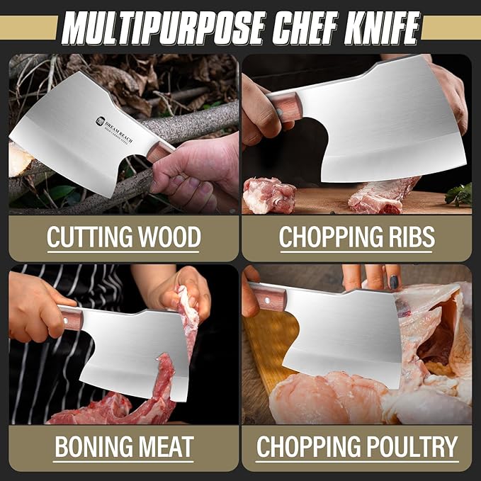 Dream Reach Meat Cleaver Knife Heavy Duty Bone Chopper Stainless Steel Butcher Axe Hand Forged Butcher Knife Meat Bone Cleaver for Kitchen Outdoor BBQ, Christmas Gifts for Men Women