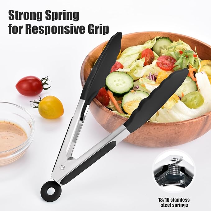 Doosu Kitchen Tongs for Cooking - 600°F Heat Resistant Food Tong with Non-Scratch Silicone Tips, Heavy Duty Stainless Steel Locking Tong for BBQ, Grilling Steak, Serving Salad, Pasta (7in, Black)
