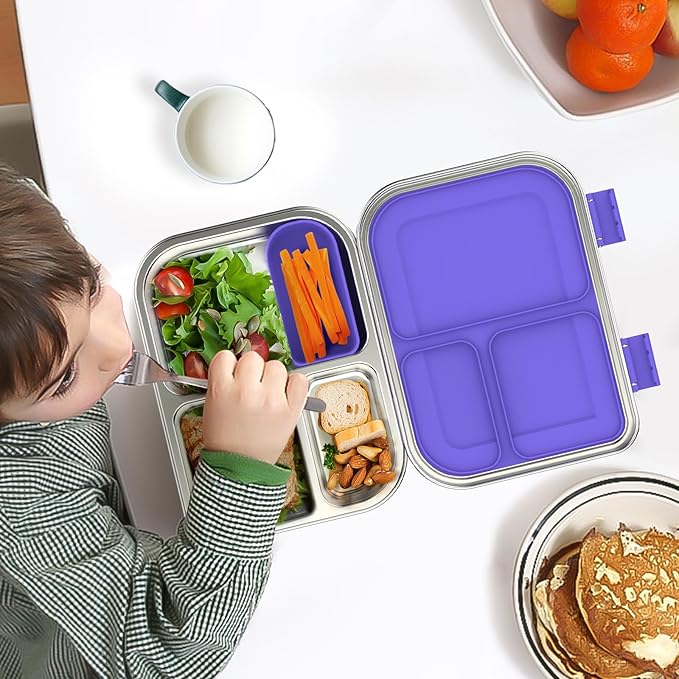 Stainless Steel Kids Leak-Resistant Bento Lunch Box, 3-Compartments with Silicone Container, Dishwasher-Safe, Child-Friendly Design for School, Picnics & Travel,BPA-Free(Purple)