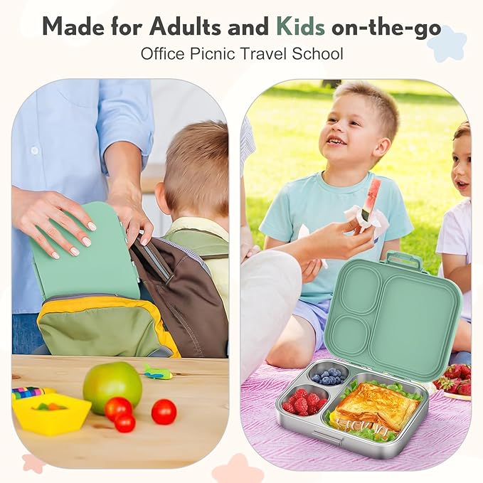 Stainless Steel Bento Box Kids, Leak Proof Metal Bento Lunch Box,3 Compartments 304 Stainless Steel Bento Lunch Containers for School and Office, BPA-Free(Green)