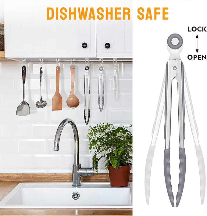 HOTEC Premium Stainless Steel Locking Kitchen Tongs with Silicon Tips, Set of 3-7", 9" and 12" (Black,Grey,Khaki)