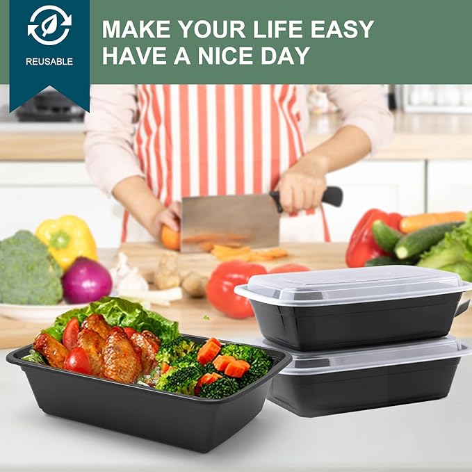 50 Pack (100-Piece) Meal Prep Containers 24 oz, Leakproof Plastic Food Storage Containers with Lids, Disposable To Go Food Containers, BPA-Free, Stackable, Microwave, Dishwasher & Freezer Safe