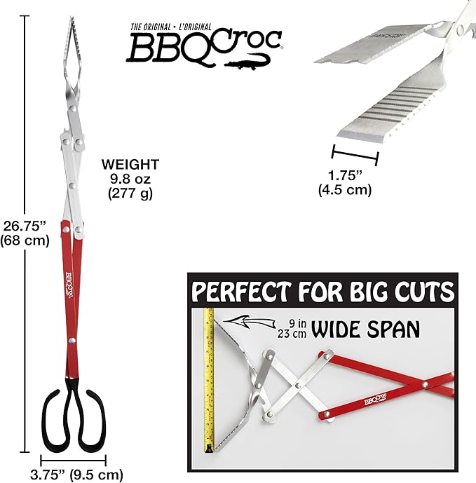 BBQCroc 3-in-1 Barbecue Tool 26-inch Extra Light and Super Long Heavy Duty Tongs, Spatula and Grill Scraper (Red) – Longest BBQ Tool Ever!