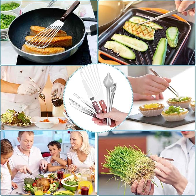 Cridoz 7 Pcs Stainless Steel Kitchen Cooking Plating Tweezers Tongs Drawing Spoons Offset Spatula and Fish Spatula for Food Culinary Plating Decorating