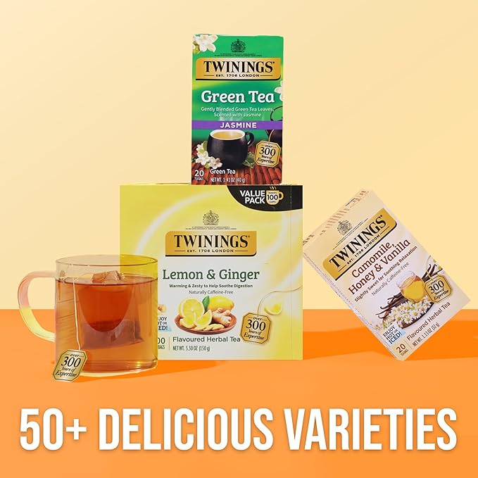 Twinings Pomegranate & Raspberry Herbal Tea Individually Wrapped Bags, 20 Count (Pack of 6), Naturally Caffeine-Free, Enjoy Hot or Iced, 120 Teabags