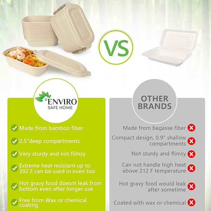 37 Oz Bamboo Disposable Food Containers, 50 Pack - Heavy Duty, Microwavable, Oven Safe - Perfect For Meal Prep, Salads, Lunch, To Go Food - Biodegradable (Brown)