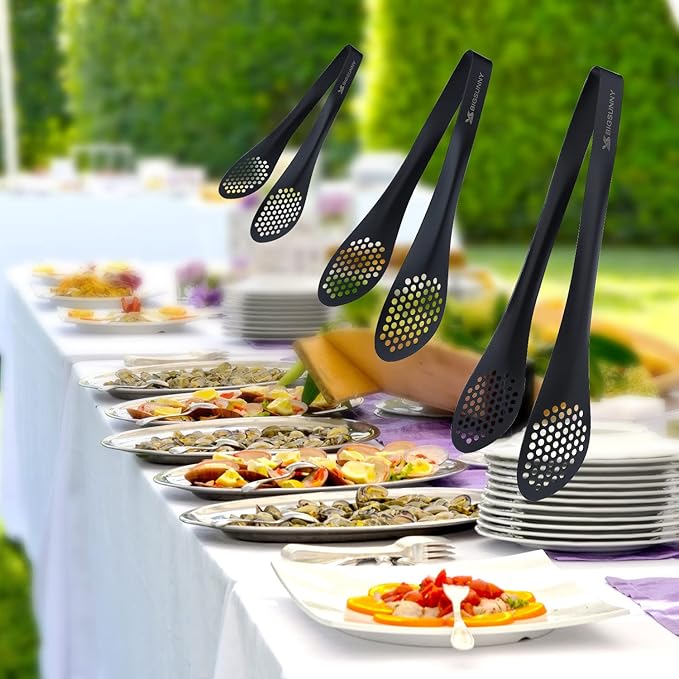 MSY BIGSUNNY Kitchen Buffet Tongs - Heavy Duty Food Serving Set for Cooking, BBQ - Metal Salad Tongs Set of 3 (Black 7" 9" & 11")