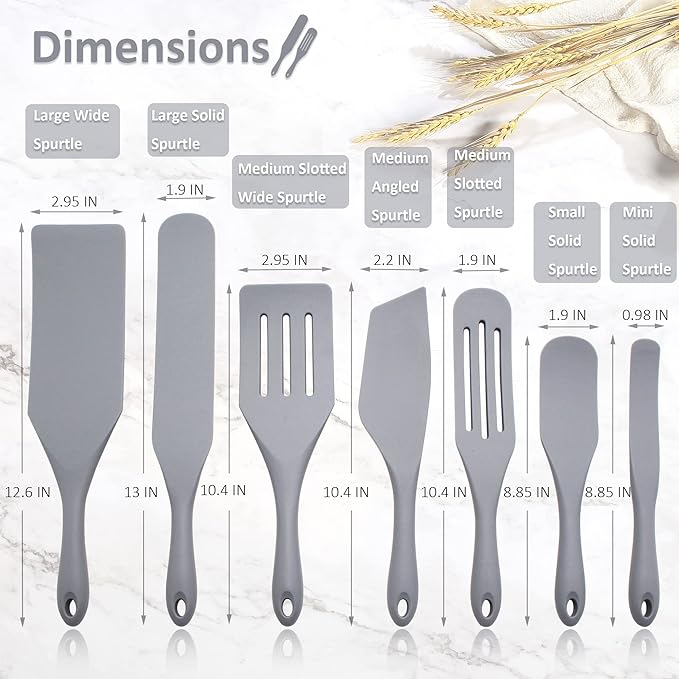 Tongjude Silicone Spurtle Set, Silicone Spatula Set, Heat Resistant Cooking Utensil for Nonstick Cookware, Serving,Baking, Whisking, Smashing, Scooping, Spreading, 8 Piece