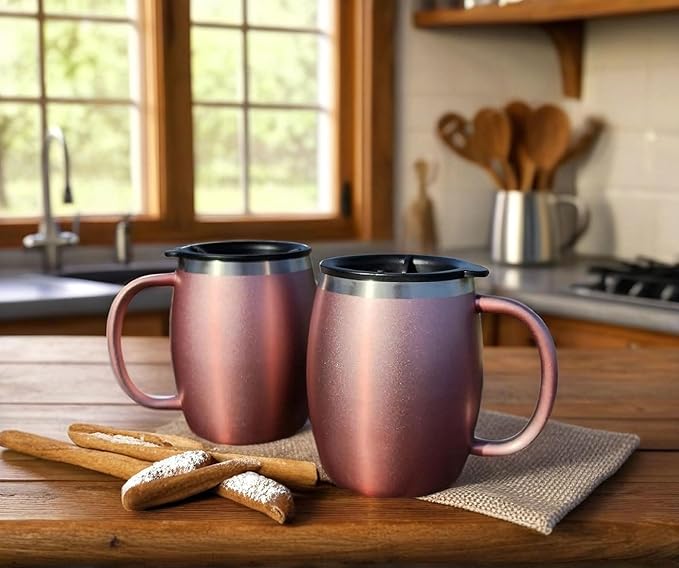 Stainless Steel Insulated Coffee Mugs Set of 2 (14 oz) – Double Wall Coffee Cups with Spill-Resistant Lid and Strong Handle, Shatterproof Cups for Cold Drinks & Hot Beverages - Rose Gold