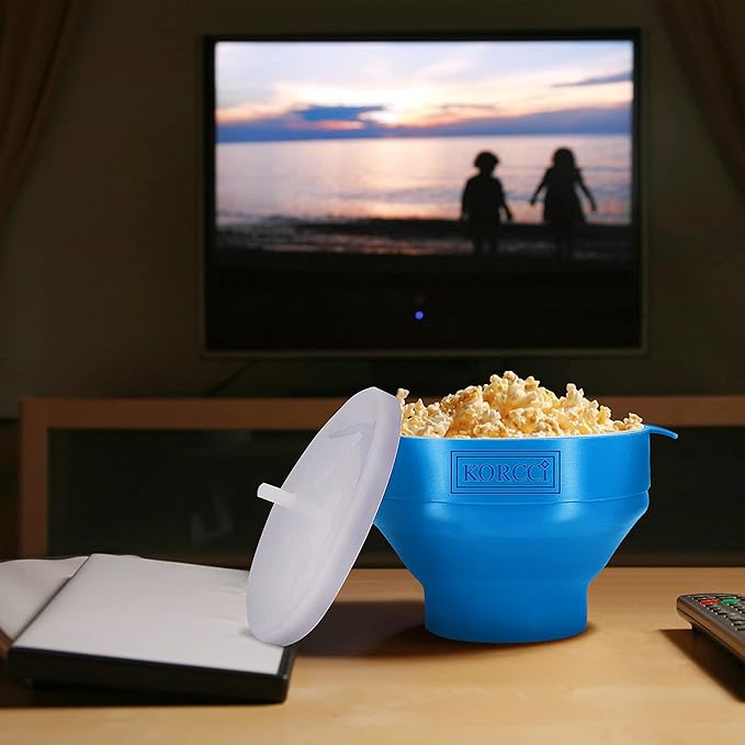The Original Korcci Microwaveable Silicone Popcorn Popper, Microwave Popcorn Popper, Collapsible Microwave Popcorn Maker Bowl, No Oil Required, Use In Microwave, Dishwasher Safe (Light Blue)
