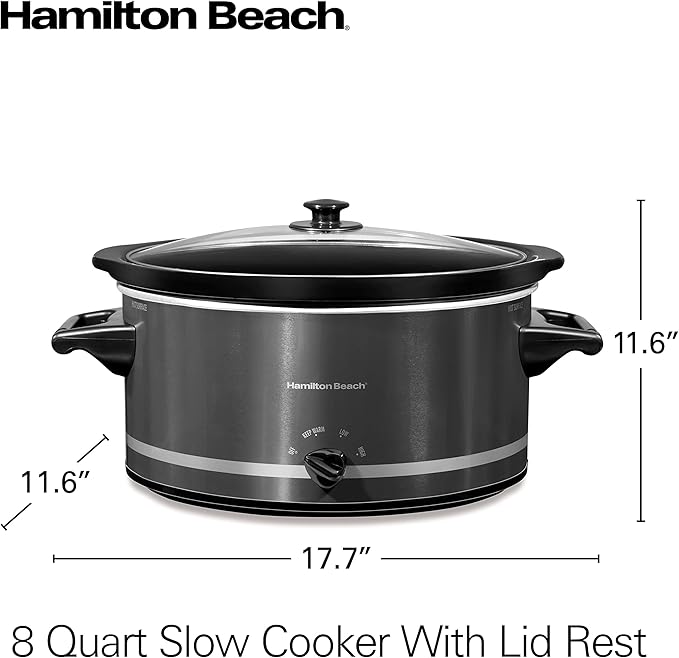 Hamilton Beach Slow Cooker with 3 Cooking Settings, Dishwasher-Safe Stoneware Crock & Glass, 8-Quart Built-In Lid Rest, Black