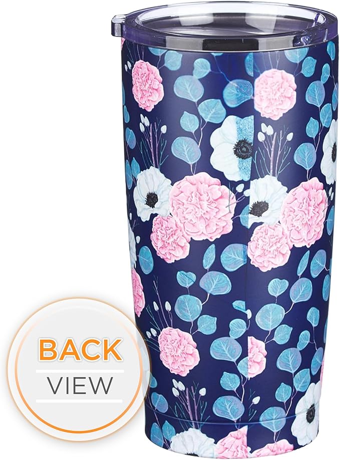 Christian Art Gifts Stainless Steel Double-Wall Vacuum Insulated Travel Mug 18 oz Navy Blue with Pink Floral Tumbler with Lid for Women with Inspirational Bible Verse - Be Still & Know -Psalm 46:10