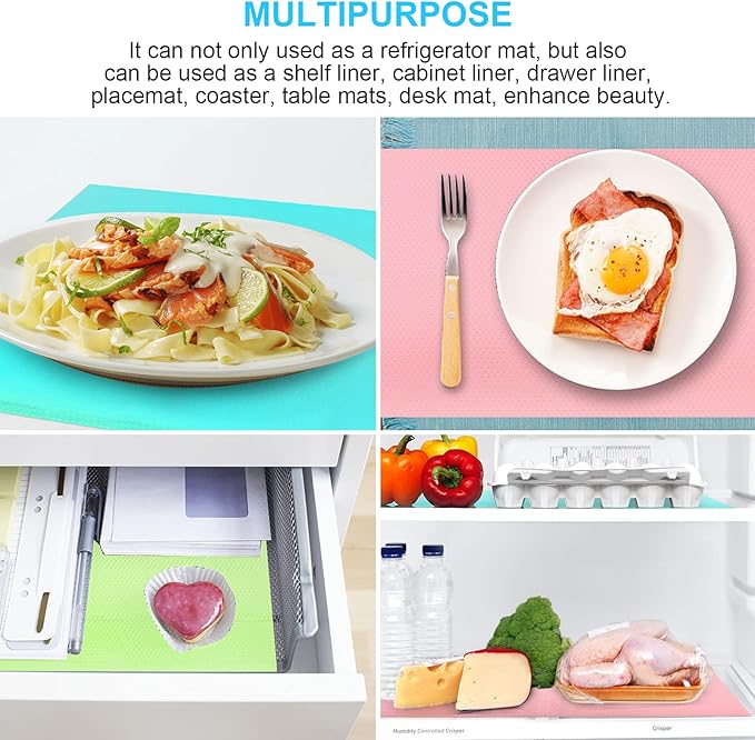 11 PCS Refrigerator Mats, EVA Refrigerator Liners for Shelves Washable Can Be Cut Fridge Shelf Liner Waterproof Fridge Pads Mat Drawer Table Placemats, Pink/3 Green/4 Blue/4