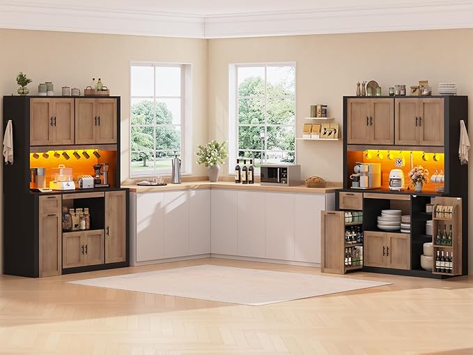 Itaar 71" Pantry Cabinet with Charging Station and LED Light, Kitchen Pantry Cabinet with Microwave Stand, 47.2" Wide Kitchen Storage Cabinets with Storage Cart 3 Tier for Dining Room (Brown)