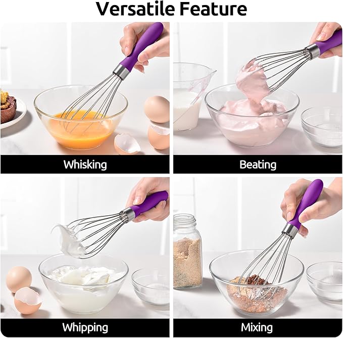 U-Taste 9" Small Egg Whisk: 18/10 Stainless Steel Kitchen Cooking Wire Balloon Wisk, Heavy Duty Metal Beater Stirrer, Manual Baking Tool with 6 Flex Wires for Hand Mixing, Blending Sauce (Purple)